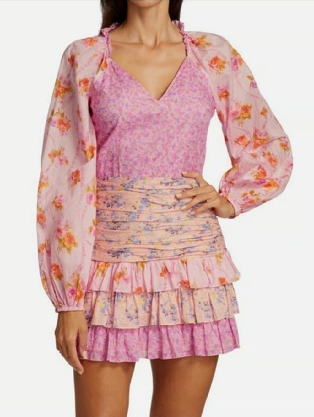 LOVESHACKFANCY For Love Bell Pink Floral Ruffled Mini Dress #0136